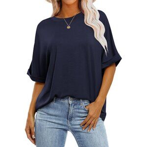 💫Women Casual Loose Basic Tee Shirt Blue Short Sleeve Crewneck Fashion Tops